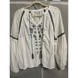 calligraphie Anthropology embroidered cotton boho top Black White Blouse Boho
